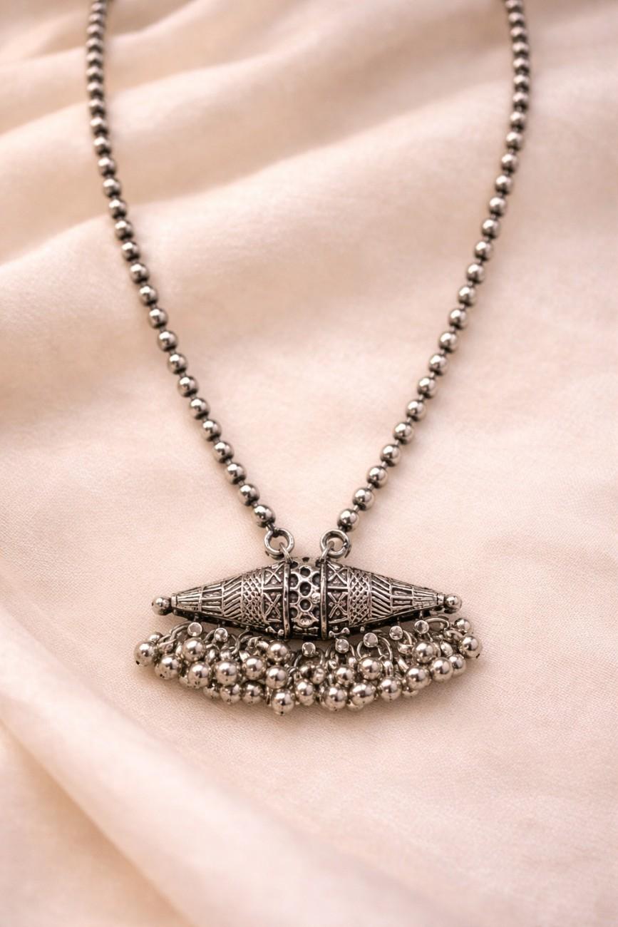 Beautiful handcrafted oxidized silver tribal ghungroo pendant necklace – perfect ethnic jewellery for traditional and boho fashion lovers.